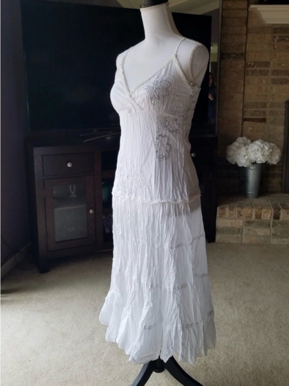 White Embroidered Crochet Lace Trim Tiered Dress from London